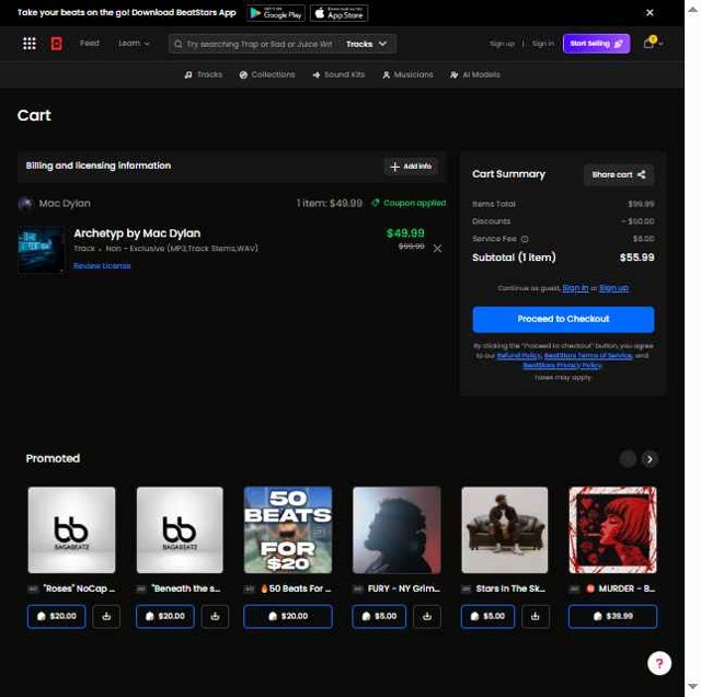 BeatStars checkout page showing BeatStars promo code box | Screenshot taken by SimplyCodes community member on Aug 18, 2025