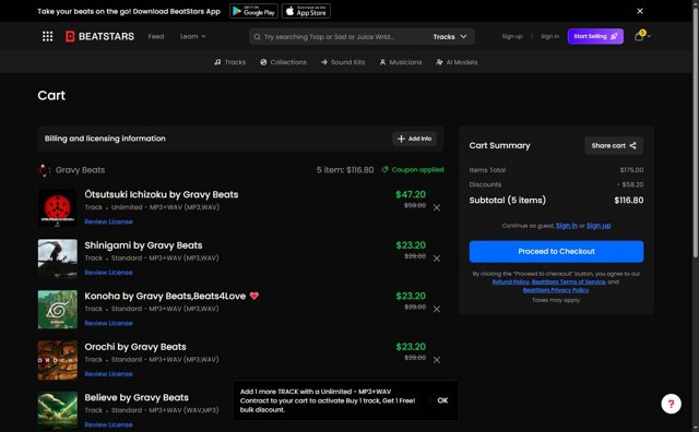 BeatStars checkout page showing BeatStars promo code box | Screenshot taken by SimplyCodes community member on Aug 17, 2025