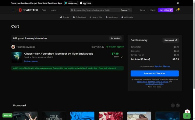 BeatStars checkout page showing BeatStars promo code box | Screenshot taken by SimplyCodes community member on Sep 2, 2025