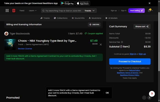 BeatStars checkout page showing BeatStars promo code box | Screenshot taken by SimplyCodes community member on Aug 18, 2025