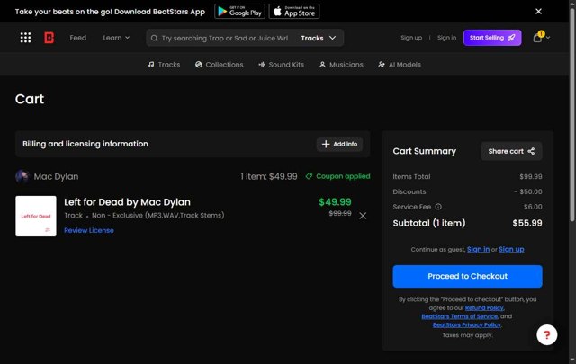 BeatStars checkout page showing BeatStars promo code box | Screenshot taken by SimplyCodes community member on Aug 15, 2025