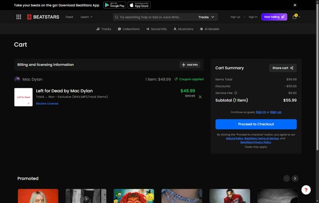 BeatStars checkout page showing BeatStars promo code box | Screenshot taken by SimplyCodes community member on Aug 26, 2025