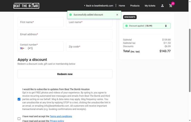 Beat The Bomb checkout page showing Beat The Bomb discount code box | Screenshot taken by SimplyCodes community member on Jul 9, 2025