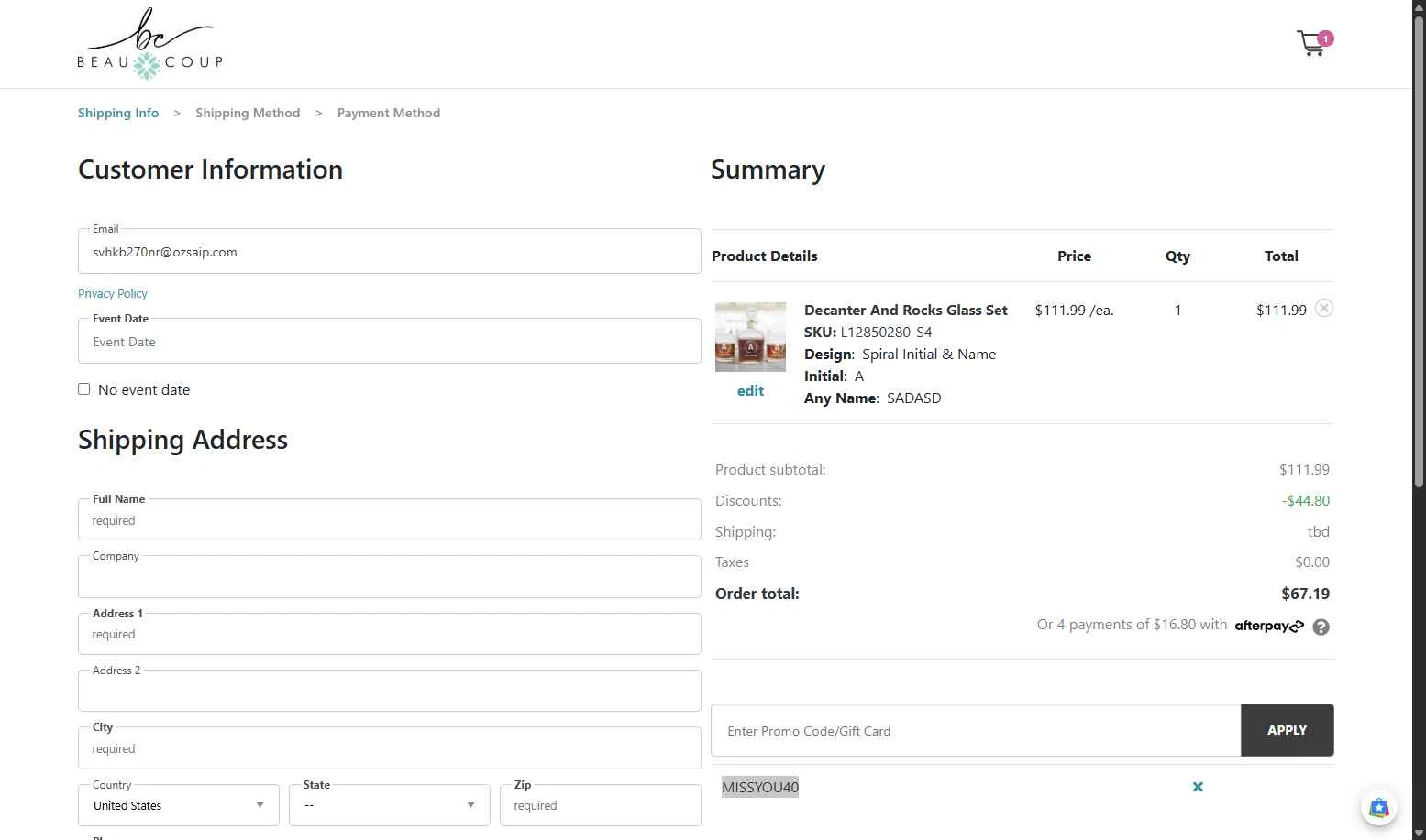 Beau-coup checkout page showing Beau-coup promo code box | Screenshot taken by SimplyCodes community member on Dec 7, 2025