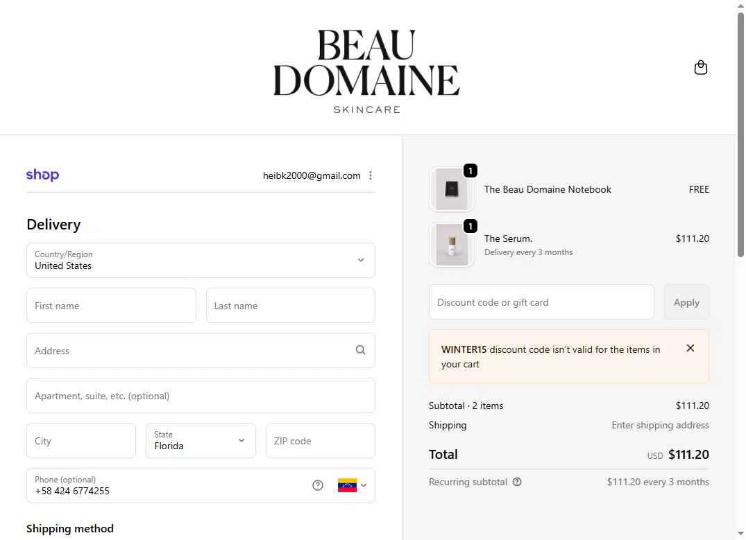 Beau Domaine Skincare checkout page showing Beau Domaine Skincare promo code box | Screenshot taken by SimplyCodes community member on Dec 27, 2025