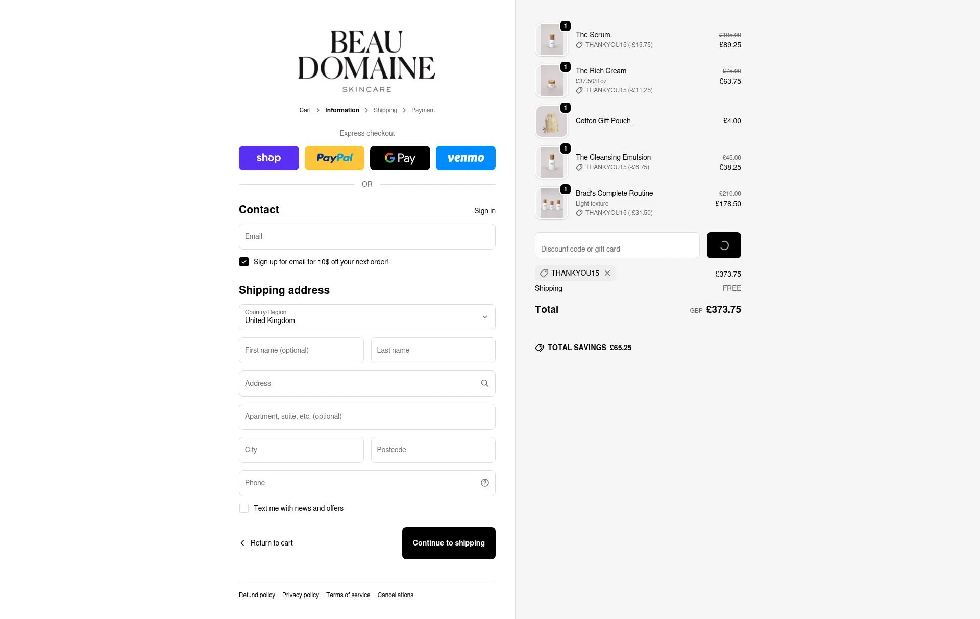 Beau Domaine Skincare checkout page showing Beau Domaine Skincare promo code box | Screenshot taken by SimplyCodes community member on Dec 28, 2025