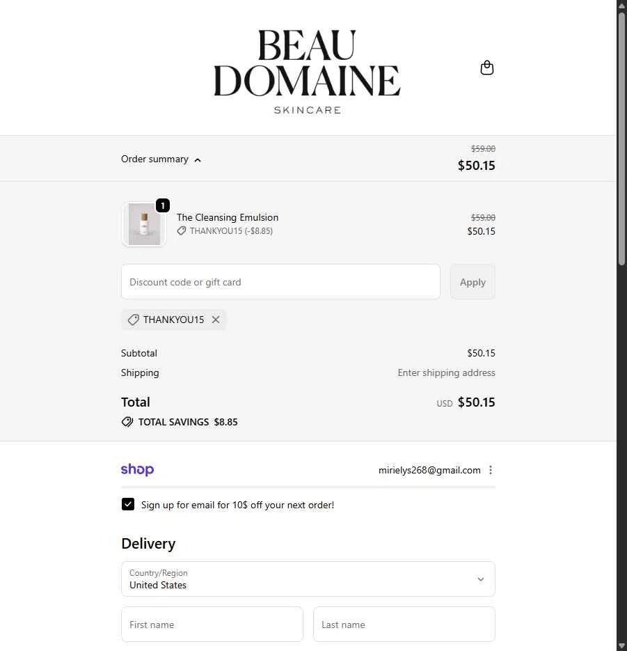 Beau Domaine Skincare checkout page showing Beau Domaine Skincare promo code box | Screenshot taken by SimplyCodes community member on Dec 28, 2025