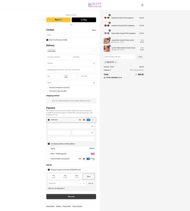 Beaueye checkout page showing Beaueye coupon code box | Screenshot taken by SimplyCodes community member on Sep 12, 2025