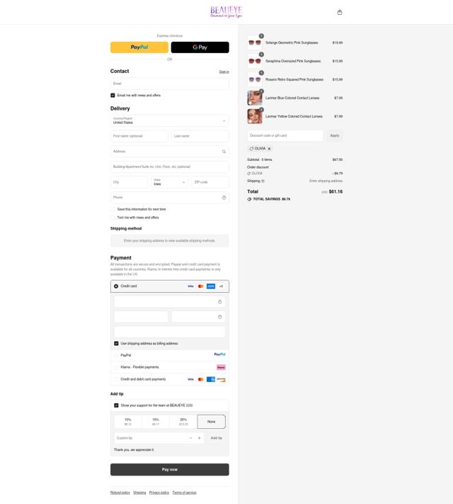 Beaueye checkout page showing Beaueye coupon code box | Screenshot taken by SimplyCodes community member on Sep 12, 2025
