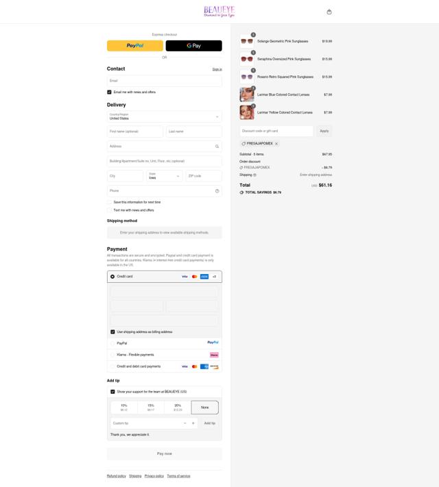 Beaueye checkout page showing Beaueye coupon code box | Screenshot taken by SimplyCodes community member on Sep 12, 2025