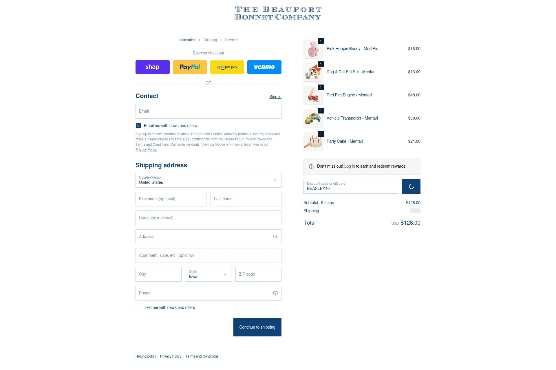 The Beaufort Bonnet Company checkout page showing The Beaufort Bonnet Company promo code box | Screenshot taken by SimplyCodes community member on Feb 8, 2026