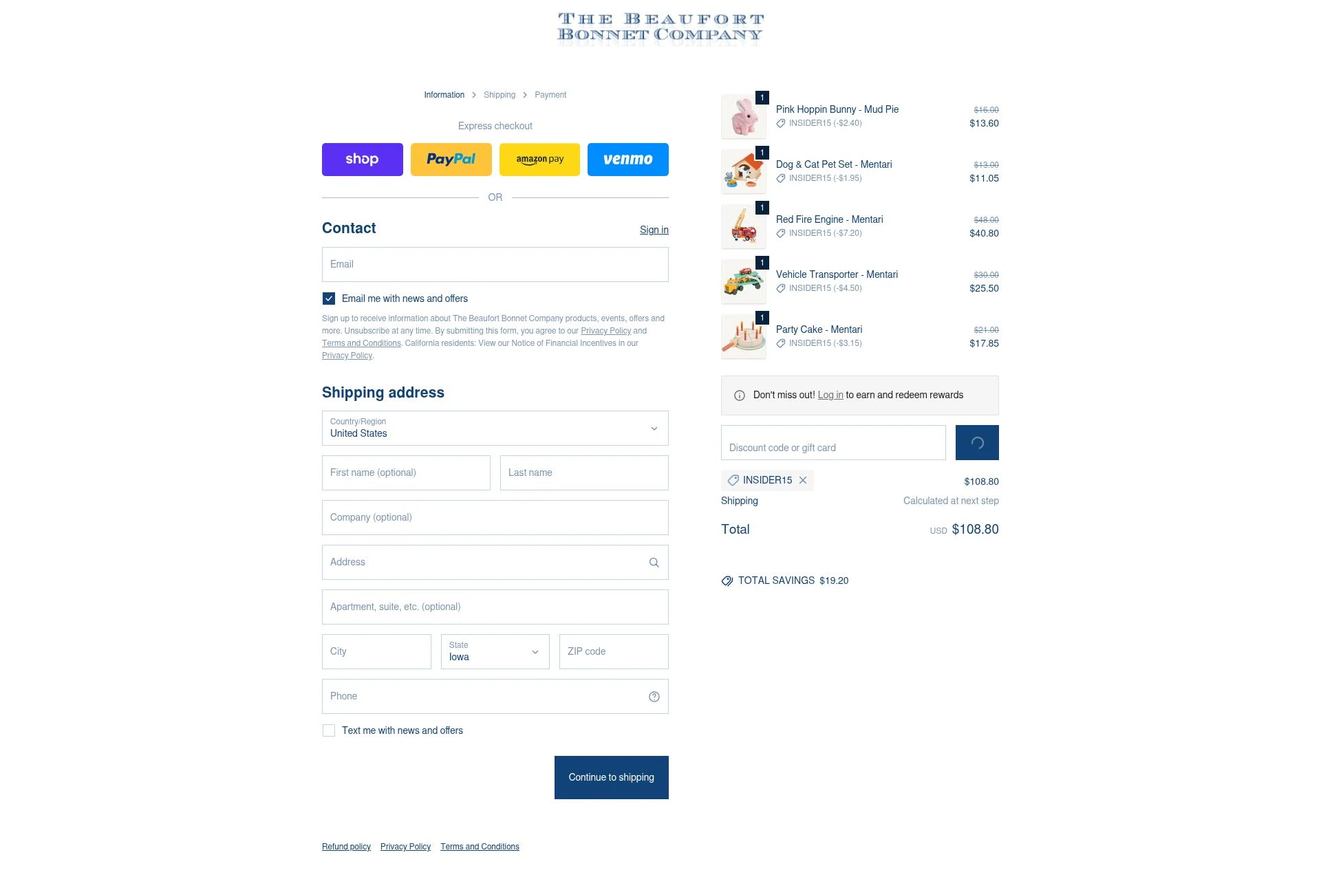 The Beaufort Bonnet Company checkout page showing The Beaufort Bonnet Company promo code box | Screenshot taken by SimplyCodes community member on Feb 6, 2026