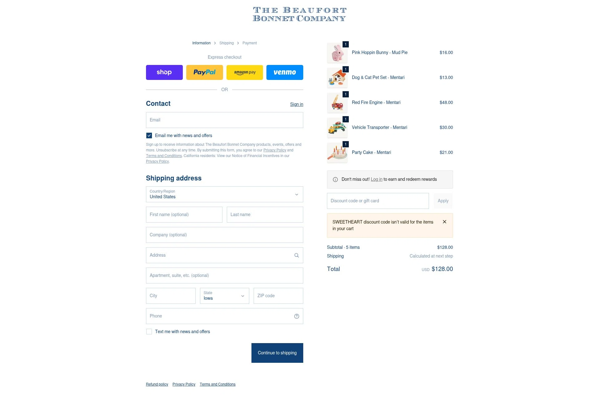 The Beaufort Bonnet Company checkout page showing The Beaufort Bonnet Company promo code box | Screenshot taken by SimplyCodes community member on Feb 6, 2026