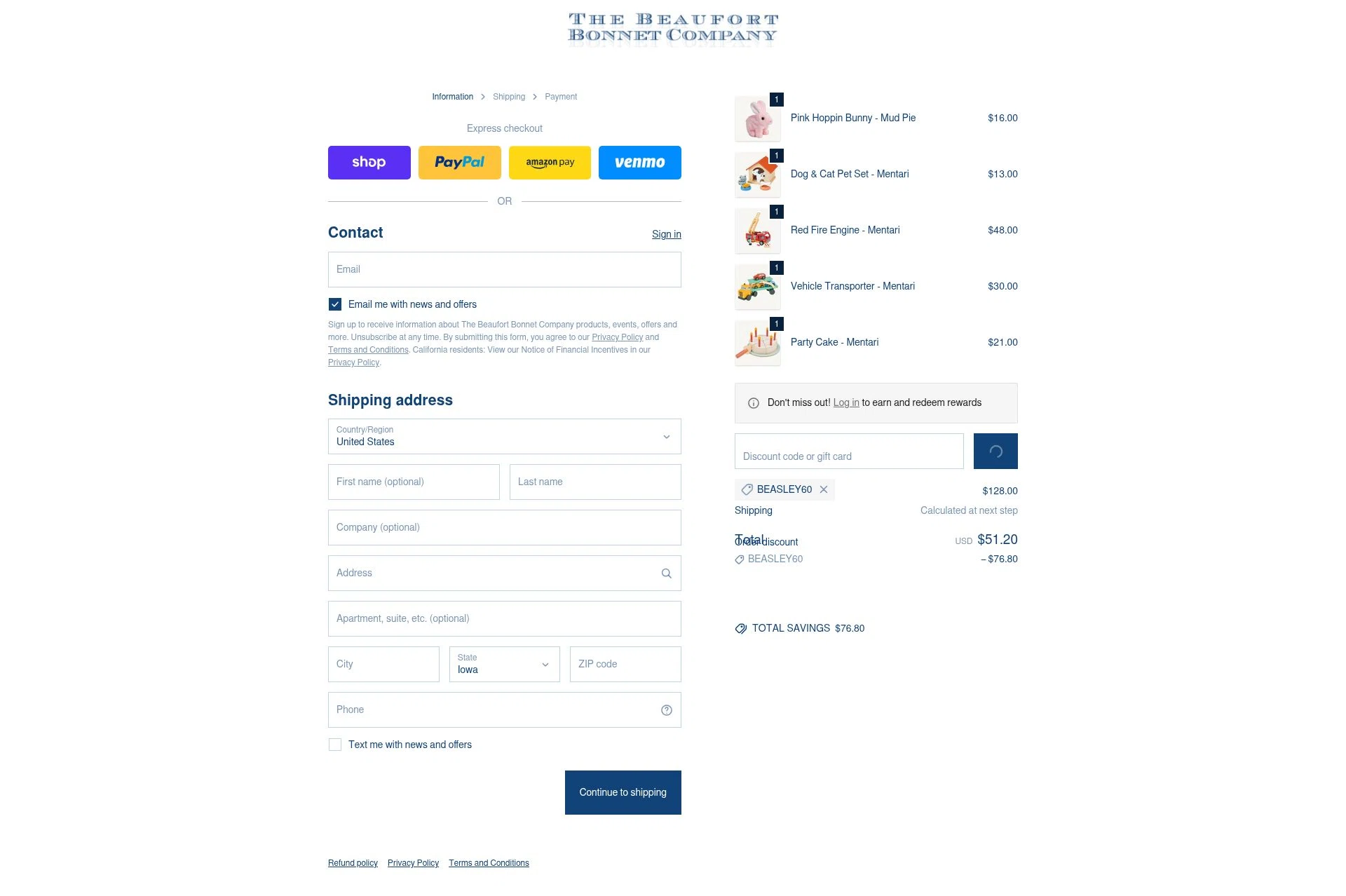 The Beaufort Bonnet Company checkout page showing The Beaufort Bonnet Company promo code box | Screenshot taken by SimplyCodes community member on Feb 6, 2026
