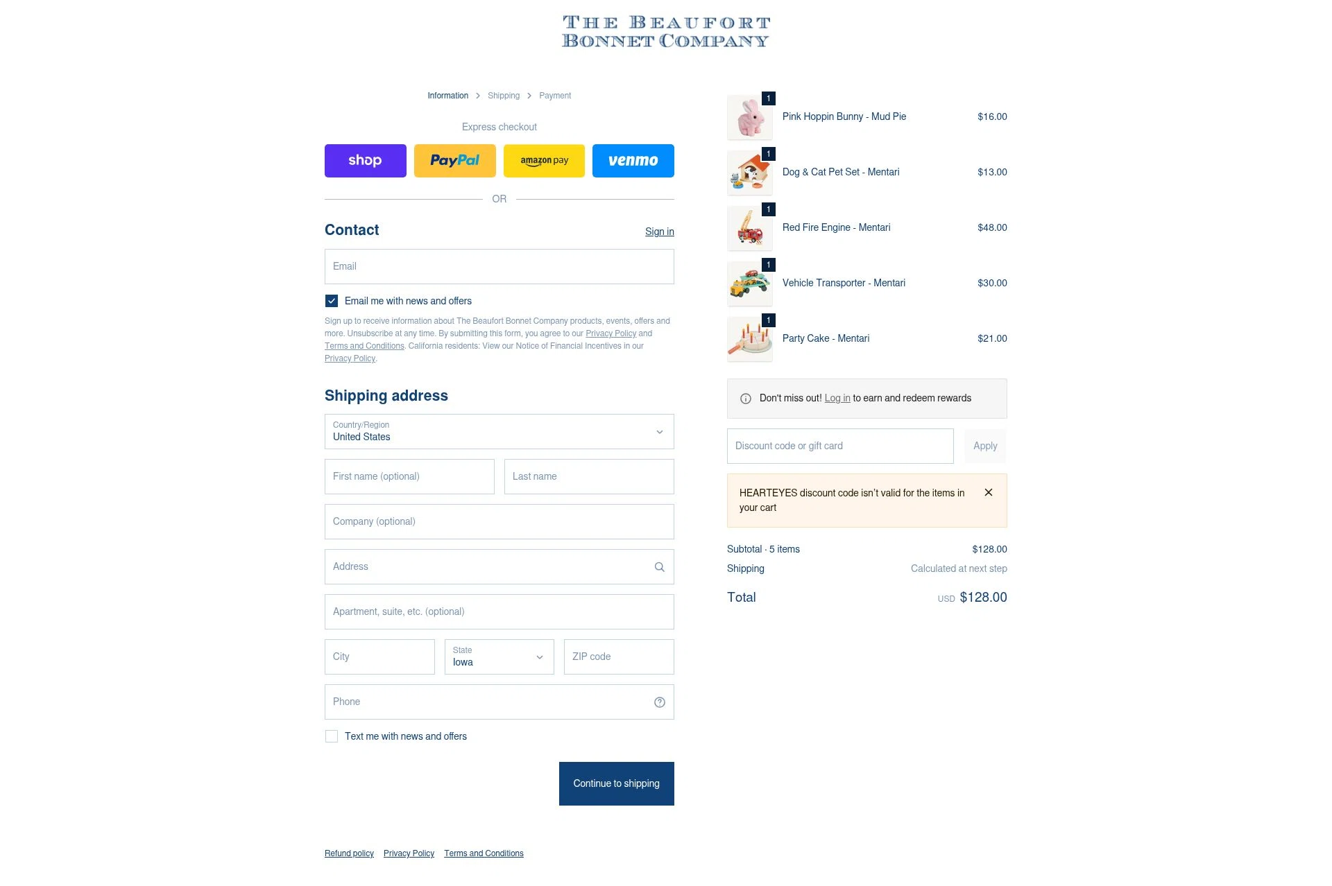 The Beaufort Bonnet Company checkout page showing The Beaufort Bonnet Company promo code box | Screenshot taken by SimplyCodes community member on Feb 11, 2026