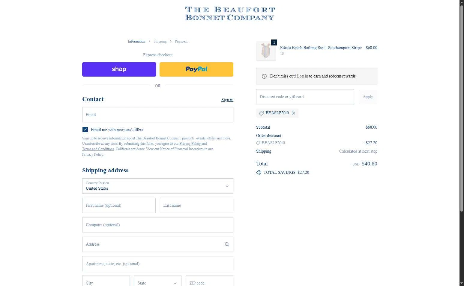 The Beaufort Bonnet Company checkout page showing The Beaufort Bonnet Company promo code box | Screenshot taken by SimplyCodes community member on Feb 8, 2026