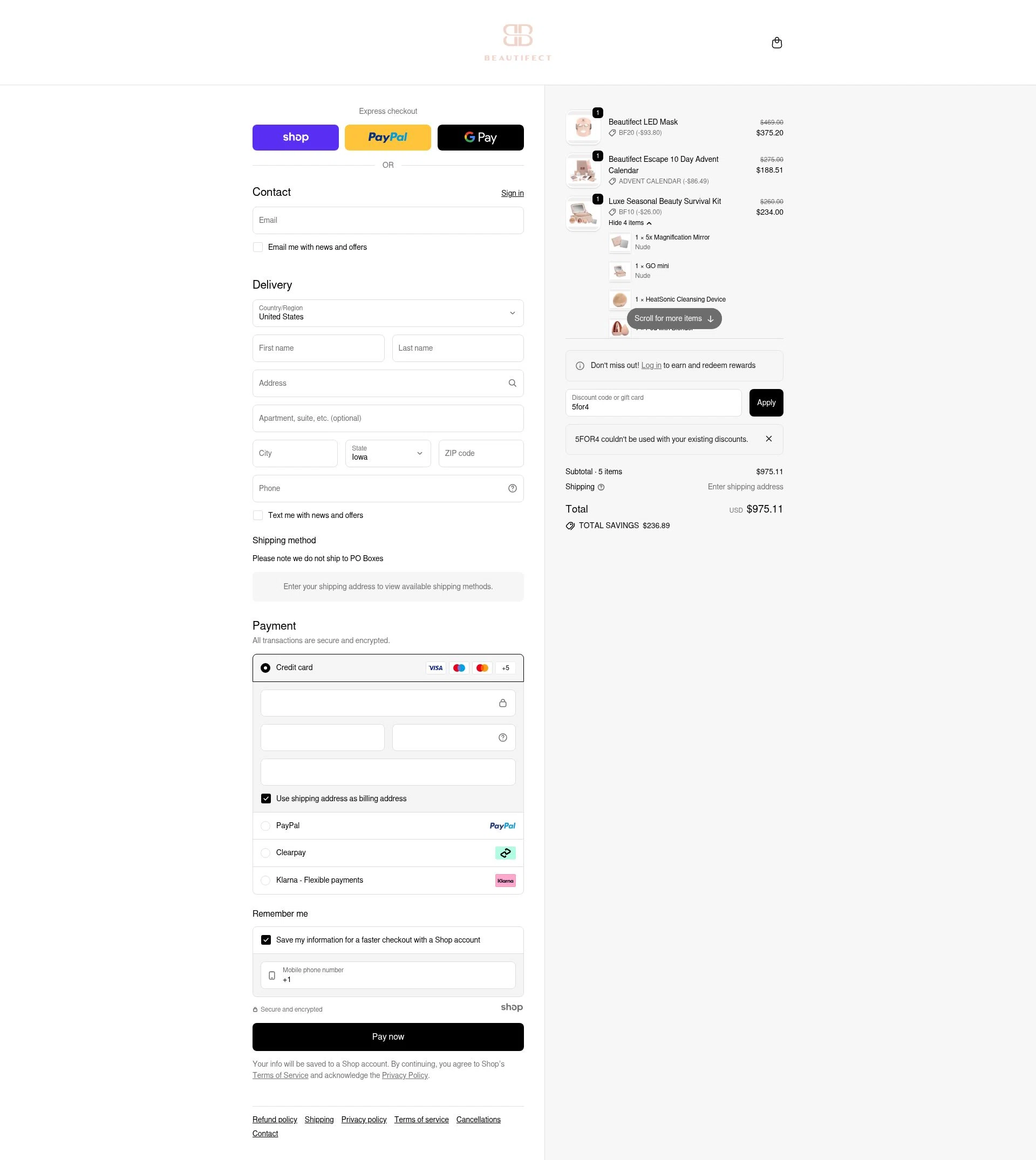 Beautifect checkout page showing Beautifect discount code box | Screenshot taken by SimplyCodes community member on Nov 25, 2025