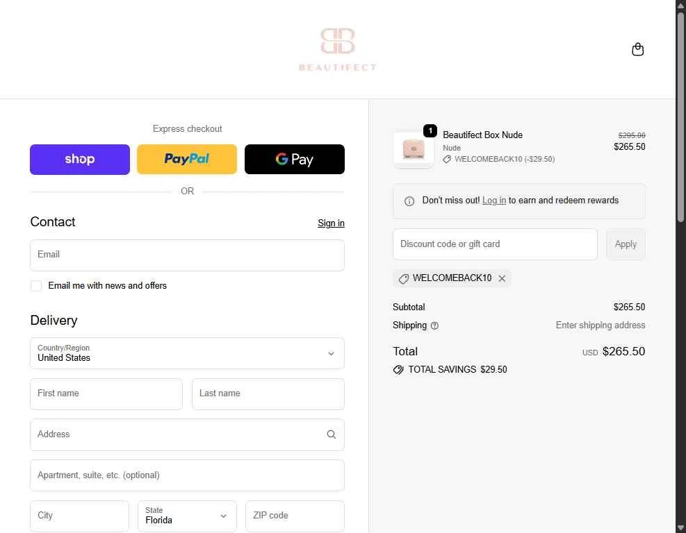 Beautifect checkout page showing Beautifect discount code box | Screenshot taken by SimplyCodes community member on Feb 10, 2026
