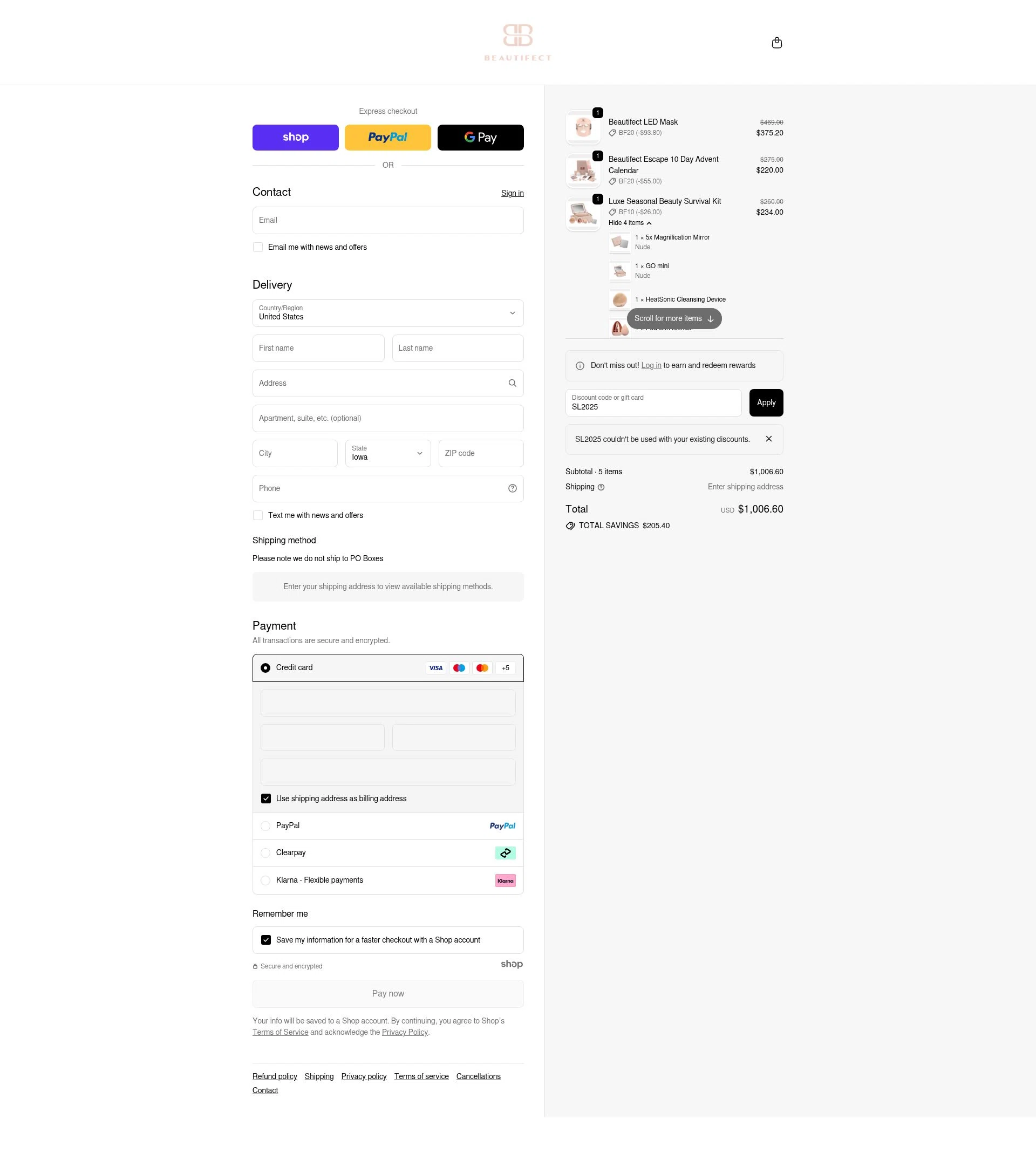 Beautifect checkout page showing Beautifect discount code box | Screenshot taken by SimplyCodes community member on Nov 15, 2025
