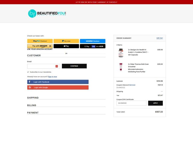 BeautifiedYou.com checkout page showing BeautifiedYou.com promo code box | Screenshot taken by SimplyCodes community member on Sep 2, 2025