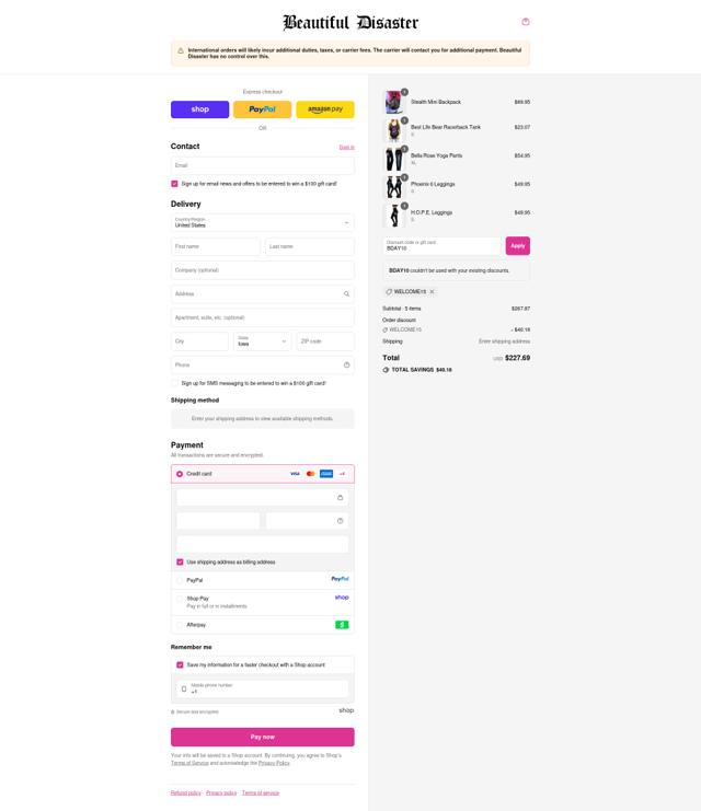 Beautiful Disaster Clothing checkout page showing Beautiful Disaster Clothing promo code box | Screenshot taken by SimplyCodes community member on Sep 9, 2025