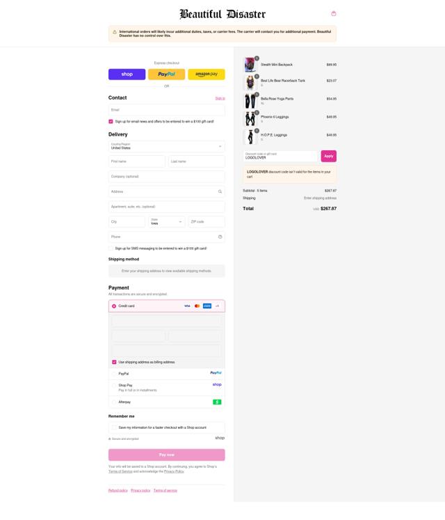 Beautiful Disaster Clothing checkout page showing Beautiful Disaster Clothing promo code box | Screenshot taken by SimplyCodes community member on Sep 13, 2025