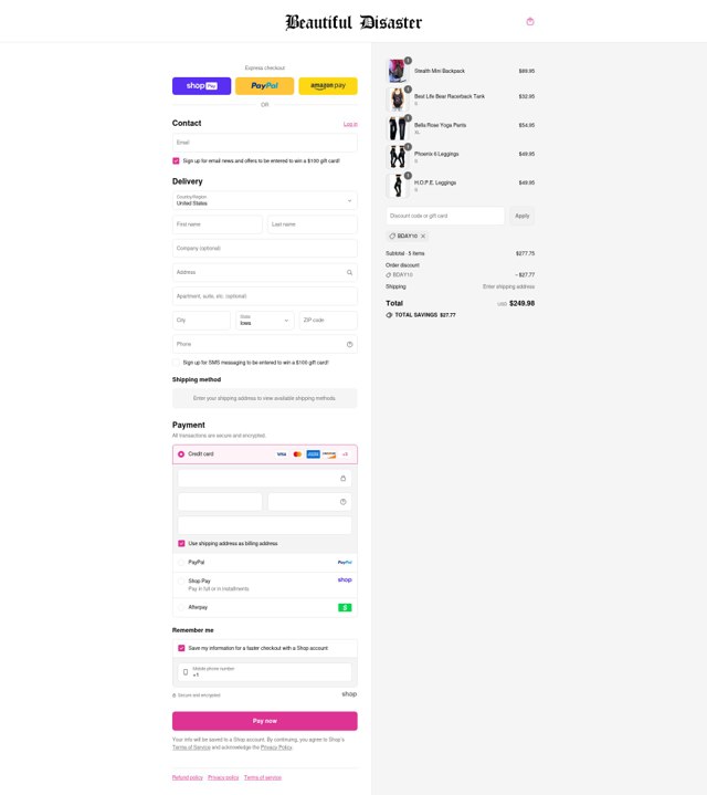 Beautiful Disaster Clothing checkout page showing Beautiful Disaster Clothing promo code box | Screenshot taken by SimplyCodes community member on Aug 28, 2025