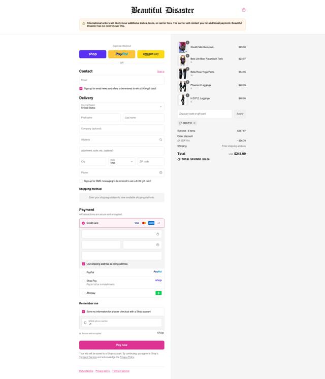 Beautiful Disaster Clothing checkout page showing Beautiful Disaster Clothing promo code box | Screenshot taken by SimplyCodes community member on Sep 13, 2025