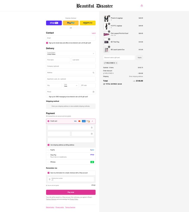 Beautiful Disaster Clothing checkout page showing Beautiful Disaster Clothing promo code box | Screenshot taken by SimplyCodes community member on Aug 23, 2025