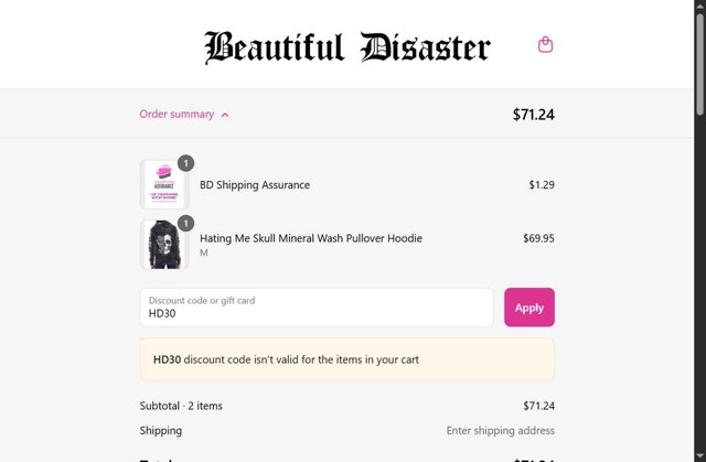 Beautiful Disaster Clothing checkout page showing Beautiful Disaster Clothing promo code box | Screenshot taken by SimplyCodes community member on Aug 29, 2025