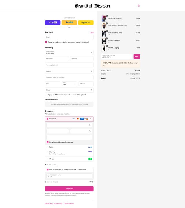 Beautiful Disaster Clothing checkout page showing Beautiful Disaster Clothing promo code box | Screenshot taken by SimplyCodes community member on Aug 28, 2025