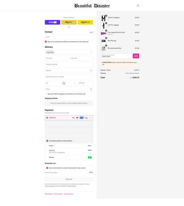 Beautiful Disaster Clothing checkout page showing Beautiful Disaster Clothing promo code box | Screenshot taken by SimplyCodes community member on Aug 23, 2025