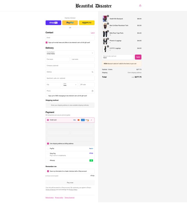 Beautiful Disaster Clothing checkout page showing Beautiful Disaster Clothing promo code box | Screenshot taken by SimplyCodes community member on Aug 28, 2025