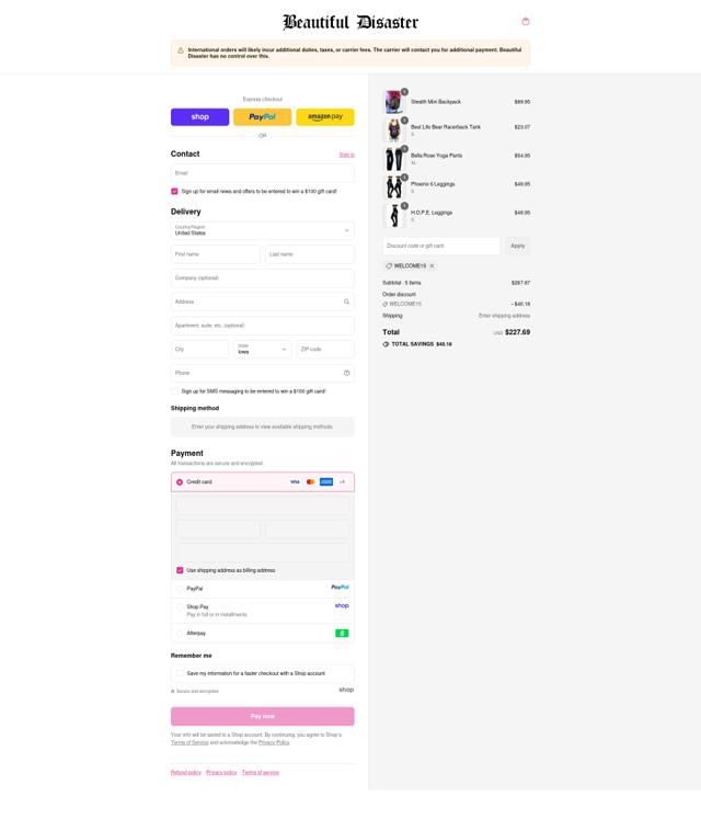 Beautiful Disaster Clothing checkout page showing Beautiful Disaster Clothing promo code box | Screenshot taken by SimplyCodes community member on Sep 13, 2025