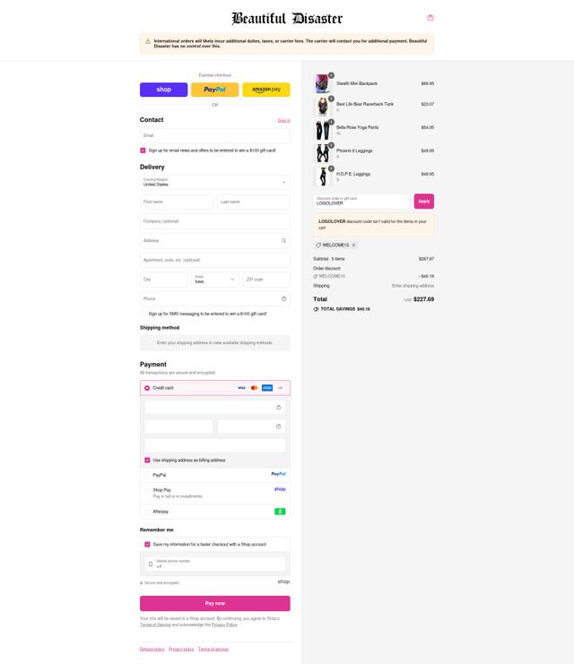 Beautiful Disaster Clothing checkout page showing Beautiful Disaster Clothing promo code box | Screenshot taken by SimplyCodes community member on Sep 9, 2025