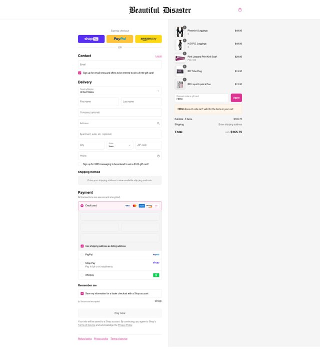 Beautiful Disaster Clothing checkout page showing Beautiful Disaster Clothing promo code box | Screenshot taken by SimplyCodes community member on Aug 23, 2025
