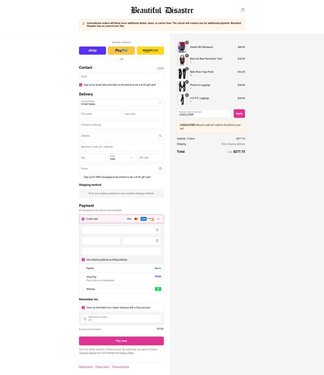 Beautiful Disaster Clothing checkout page showing Beautiful Disaster Clothing promo code box | Screenshot taken by SimplyCodes community member on Sep 5, 2025
