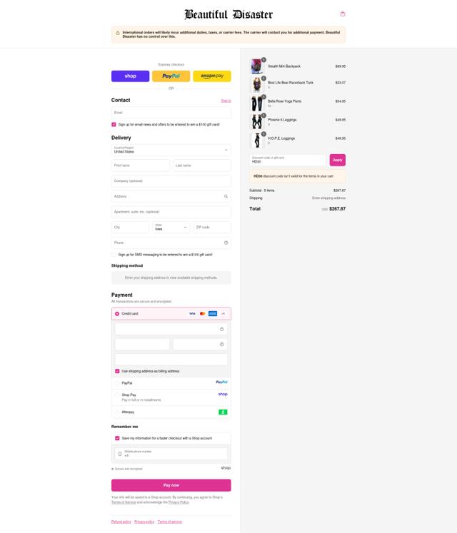 Beautiful Disaster Clothing checkout page showing Beautiful Disaster Clothing promo code box | Screenshot taken by SimplyCodes community member on Sep 13, 2025