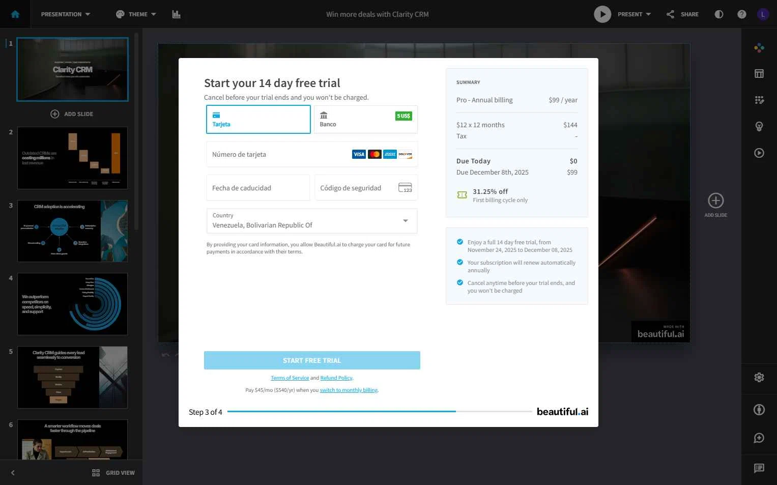 Beautiful.ai checkout page showing Beautiful.ai promo code box | Screenshot taken by SimplyCodes community member on Nov 24, 2025