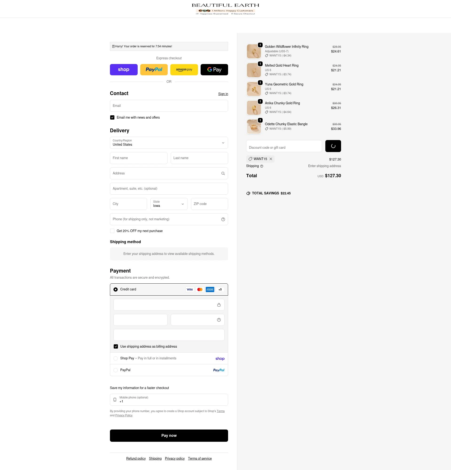 Beautiful Earth Boutique checkout page showing Beautiful Earth Boutique discount code box | Screenshot taken by SimplyCodes community member on Feb 21, 2026