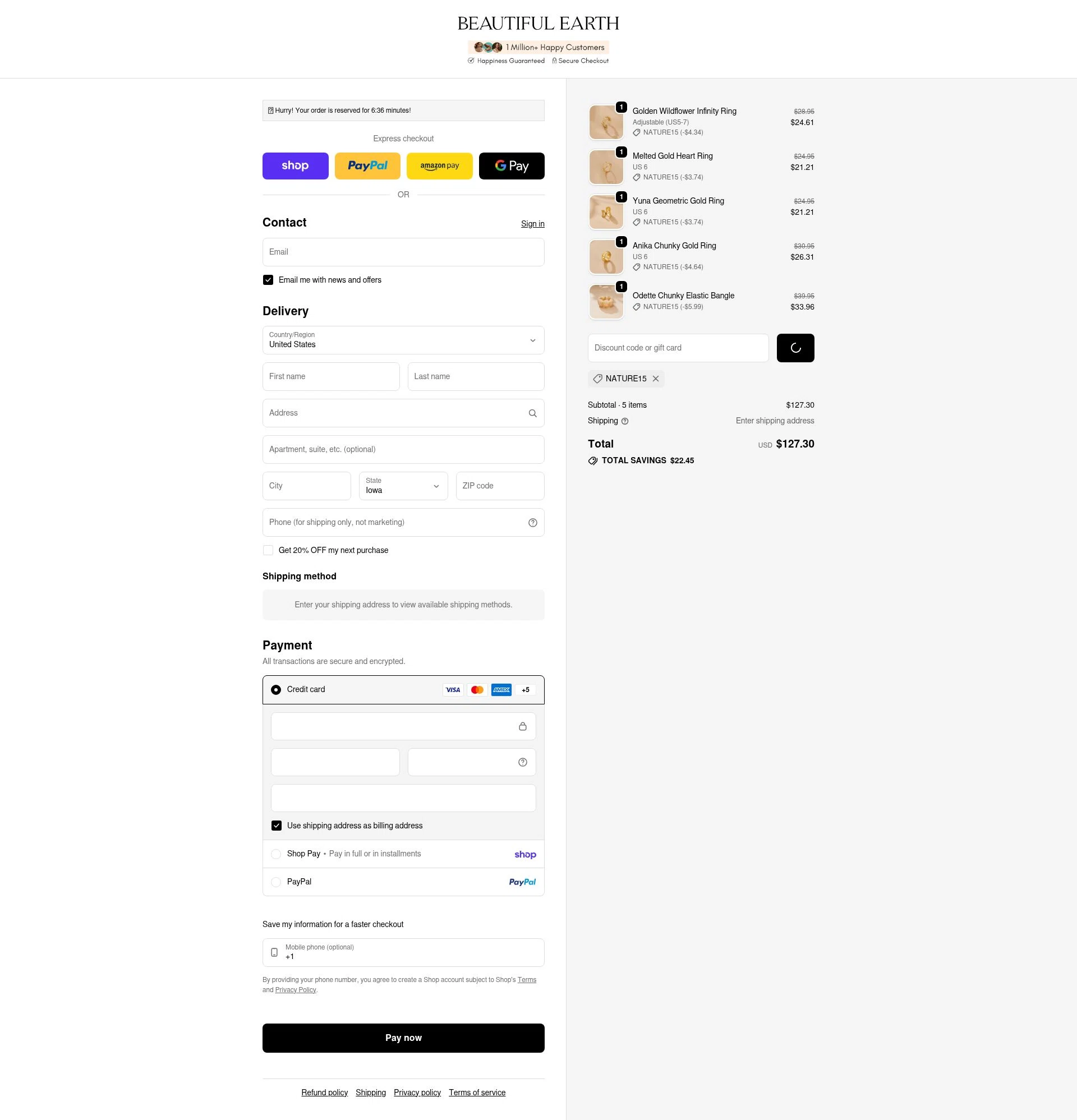Beautiful Earth Boutique checkout page showing Beautiful Earth Boutique discount code box | Screenshot taken by SimplyCodes community member on Feb 20, 2026