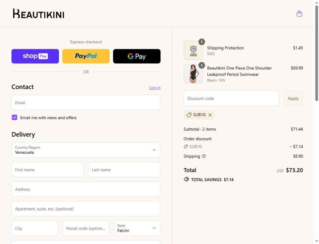 Beautikini checkout page showing Beautikini coupon code box | Screenshot taken by SimplyCodes community member on Aug 27, 2025