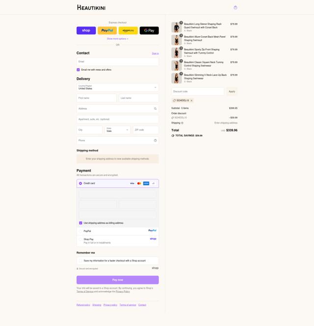 Beautikini checkout page showing Beautikini coupon code box | Screenshot taken by SimplyCodes community member on Sep 12, 2025