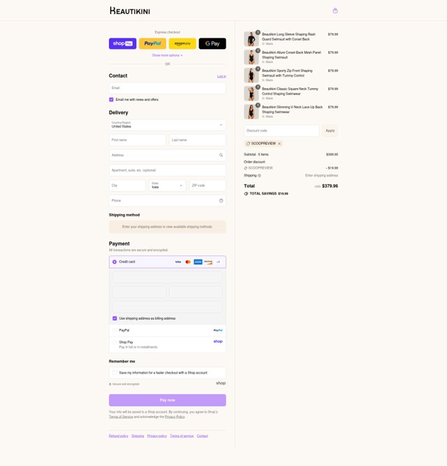 Beautikini checkout page showing Beautikini coupon code box | Screenshot taken by SimplyCodes community member on Aug 27, 2025