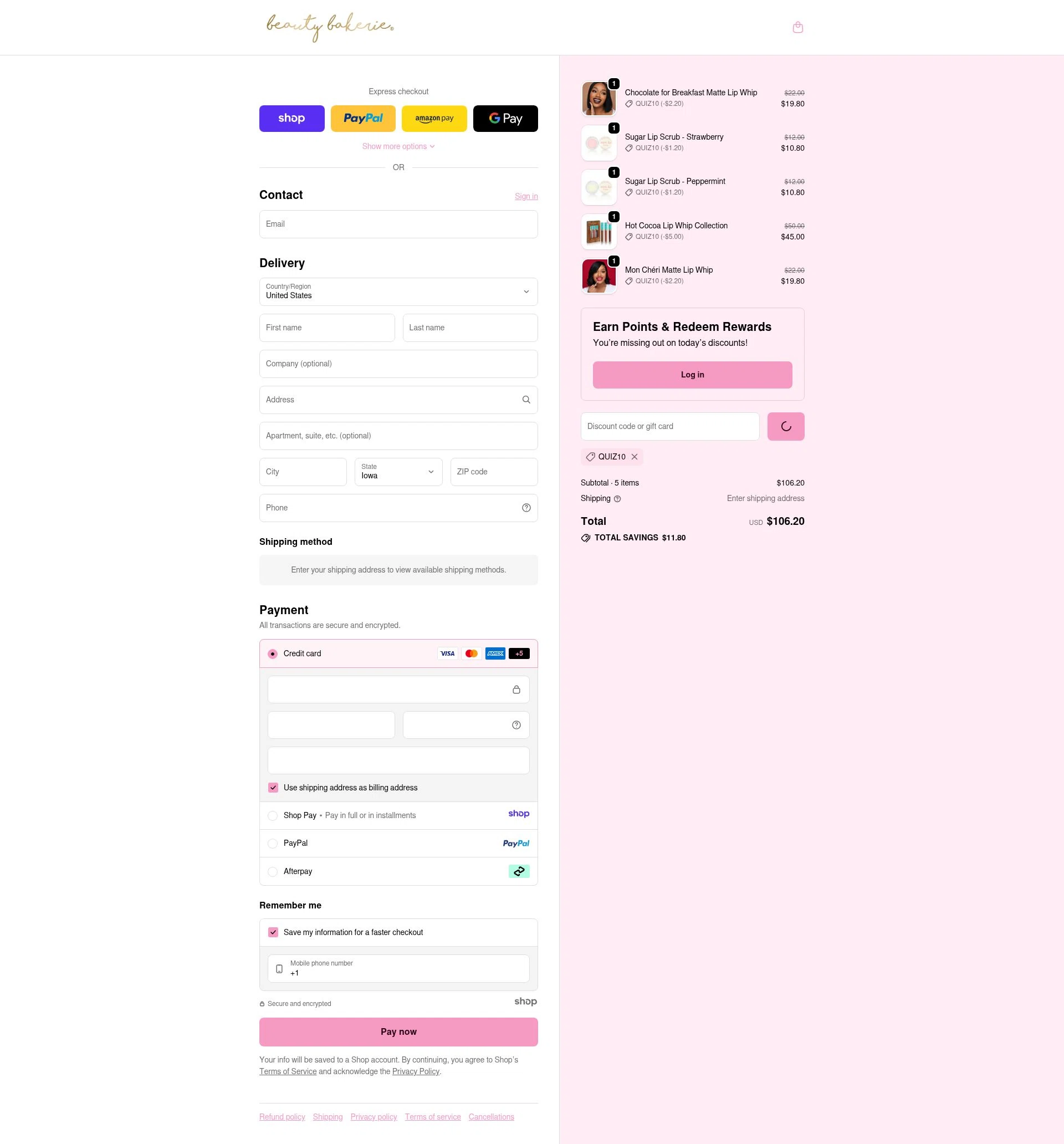 BeautyBakerie checkout page showing BeautyBakerie promo code box | Screenshot taken by SimplyCodes community member on Jan 8, 2026