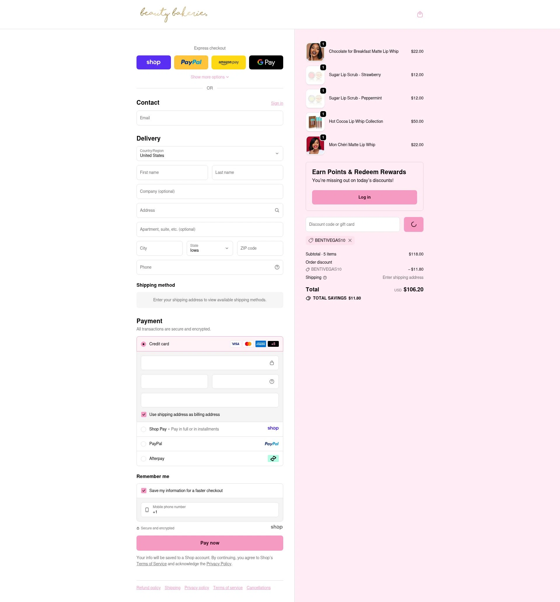 BeautyBakerie checkout page showing BeautyBakerie promo code box | Screenshot taken by SimplyCodes community member on Jan 8, 2026