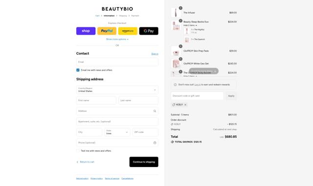 Beauty Bio checkout page showing Beauty Bio discount code box | Screenshot taken by SimplyCodes community member on Sep 15, 2025