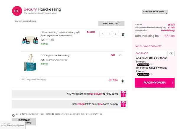 Beauty Coiffure checkout page showing Beauty Coiffure discount code box | Screenshot taken by SimplyCodes community member on Aug 3, 2025