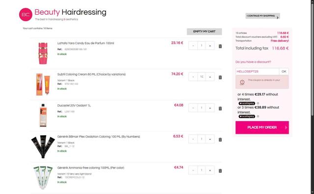 Beauty Coiffure checkout page showing Beauty Coiffure discount code box | Screenshot taken by SimplyCodes community member on Sep 6, 2025