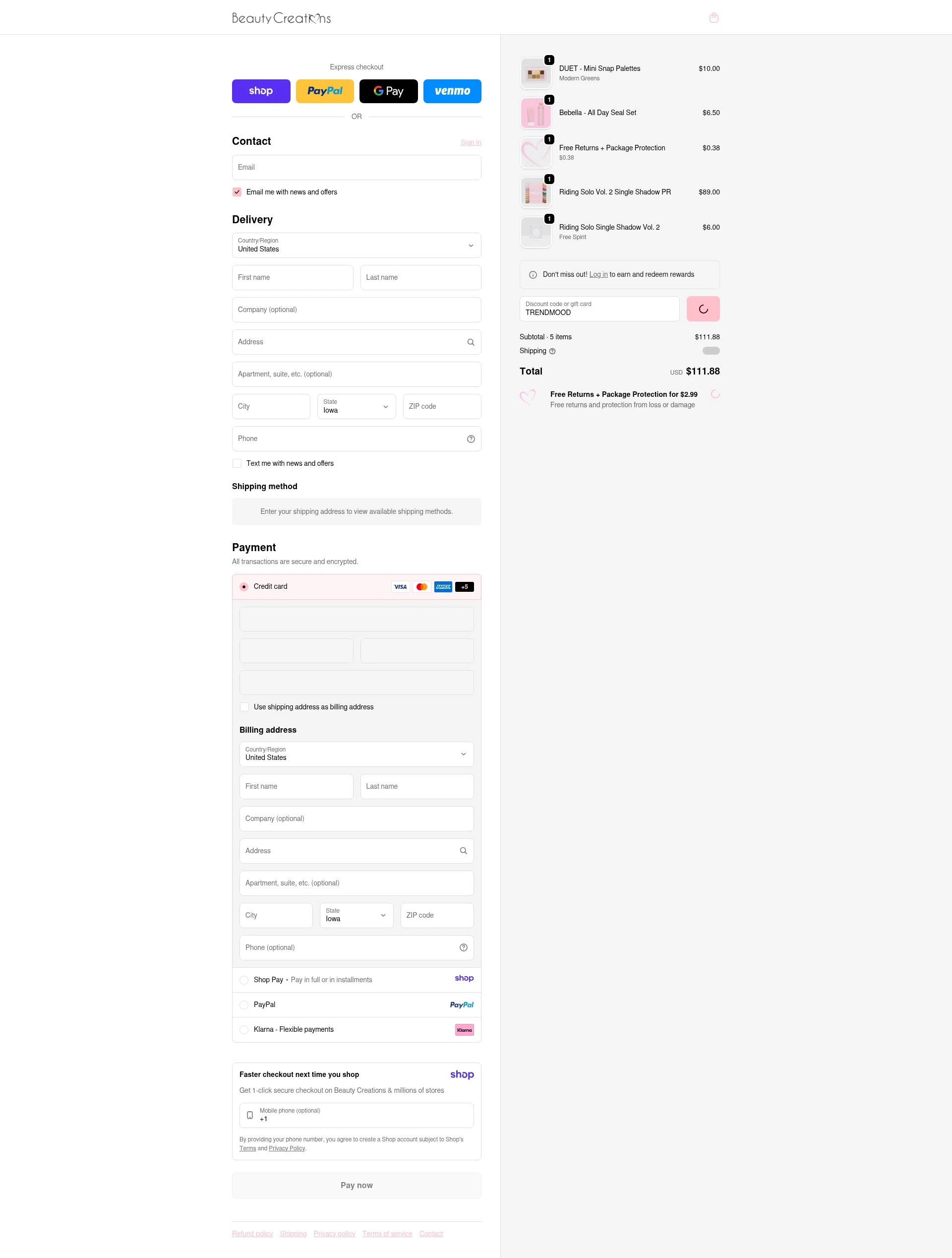 Beauty Creations Cosmetics checkout page showing Beauty Creations Cosmetics promo code box | Screenshot taken by SimplyCodes community member on Jan 8, 2026